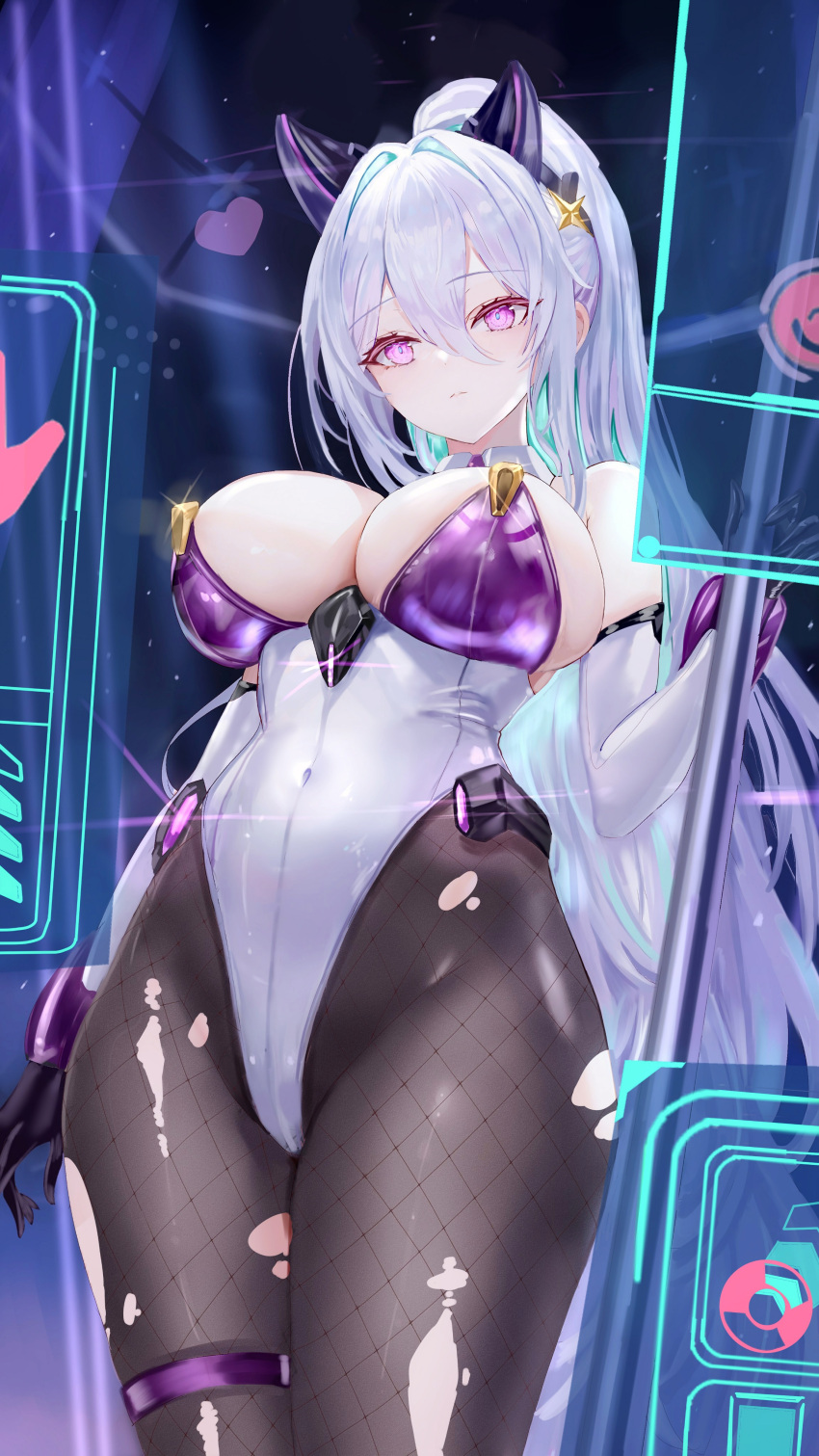 1girls age_fx azur_lane breasts eagle_union_(azur_lane) fake_animal_ears fake_cat_ears female_only huge_breasts kearsarge_(all-night_charge)_(azur_lane) kearsarge_(azur_lane) light-skinned_female light_skin long_hair pantyhose purple_eyes thick_thighs torn_pantyhose white_hair