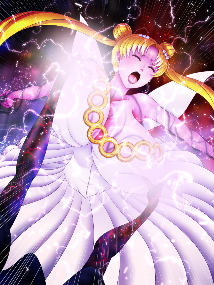 arms_held_back bishoujo_senshi_sailor_moon blonde_hair breast_grab breasts closed_eyes clothed clothing dress earrings electric_shock electricity electrocution enormous_breasts galaxy grabbing grabbing_breasts groping_breasts hacchake_yarou_a_team hair_ornament hatchake_taro huge_breasts large_breasts neo_queen_serenity nonude open_mouth screaming shadow tongue twintails usagi_tsukino variant