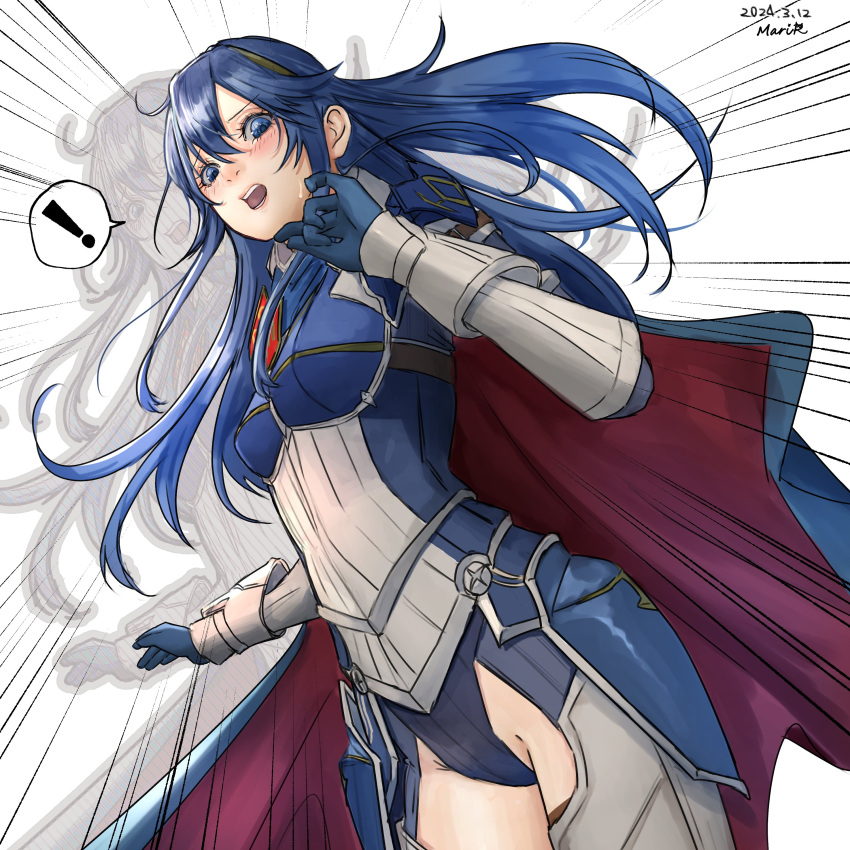 ! 1girls absurdres alternate_costume armor blue_eyes blue_gloves blue_hair blue_leotard blush cape dated eva02asuka0608 faulds female female_only fire_emblem fire_emblem_awakening fire_emblem_heroes gloves hair_between_eyes highres leotard looking_at_viewer looking_down lucina_(fate's_resolve)_(fire_emblem) lucina_(fire_emblem) nintendo official_alternate_costume open_mouth solo spoken_exclamation_mark sweatdrop teeth thigh_window thighs tiara zoom_layer