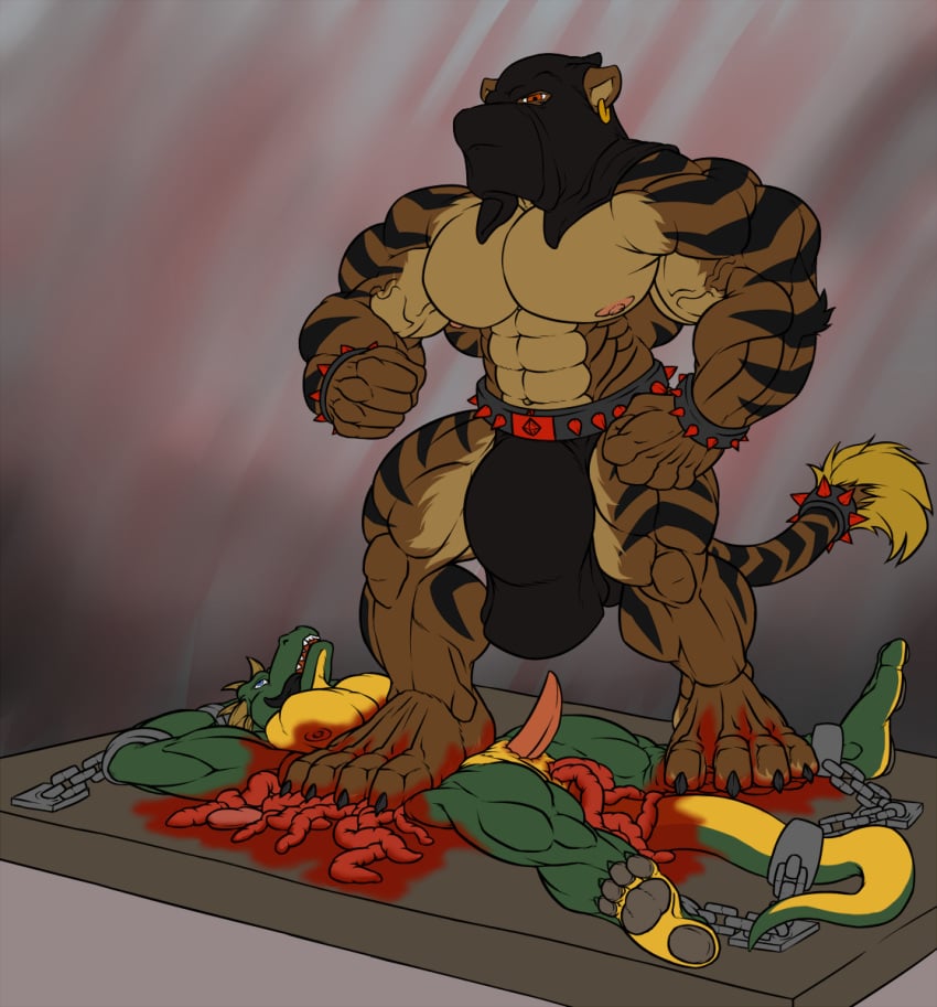 abs biceps blood bulge chains death ear_piercing erection executioner feline intestines male_only mammal muscular nipples pecs piercing red_eyes reptile scalie snuff spikes stripes tiger zeusralo zeusralo_(character)