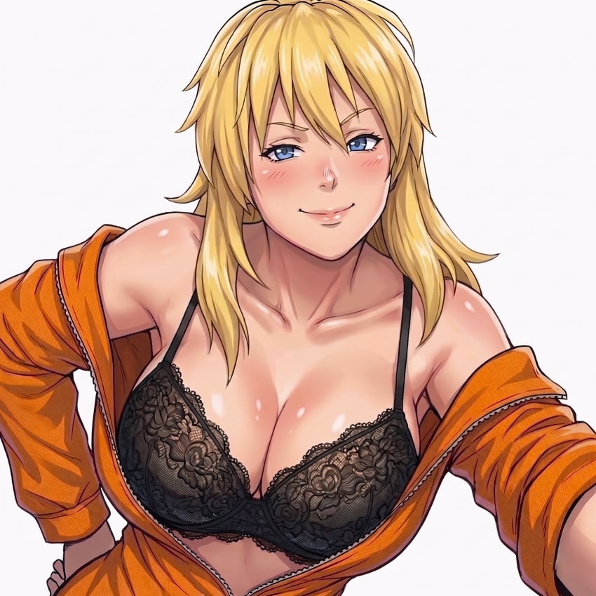 1girl ai_generated anime_style armpits bangs bare_shoulders bending_over best_quality black_bra blonde_hair blue_eyes blush breast_spillage cel_shading censored cleavage collarbone confident_smile deep_cleavage detailed_eyes detailed_face digital_art dorohedoro female female_only fit_female floral_lace hand_on_hip huge_breasts lace_bra large_breasts leaning_forward light_blush lingerie lollololli looking_at_viewer looking_down masterpiece mature_female medium_hair messy_hair nikaido off_shoulder oily_skin open_jacket orange_jacket parted_lips partially_undressed push_up_bra revealing_clothes shiny_skin simple_background smile smirk soft_shading solo specular_highlights spiky_hair sportswear sweaty torso track_jacket underwear unzipped unzipped_jacket upper_body vivid_colors voluptuous white_background