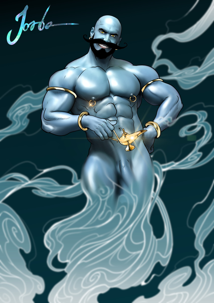 beard blue_skin djinn fairy_tales flaccid genie jorden_arts lamp magic male male_only muscular penis pierced_nipples public_domain smoke solo