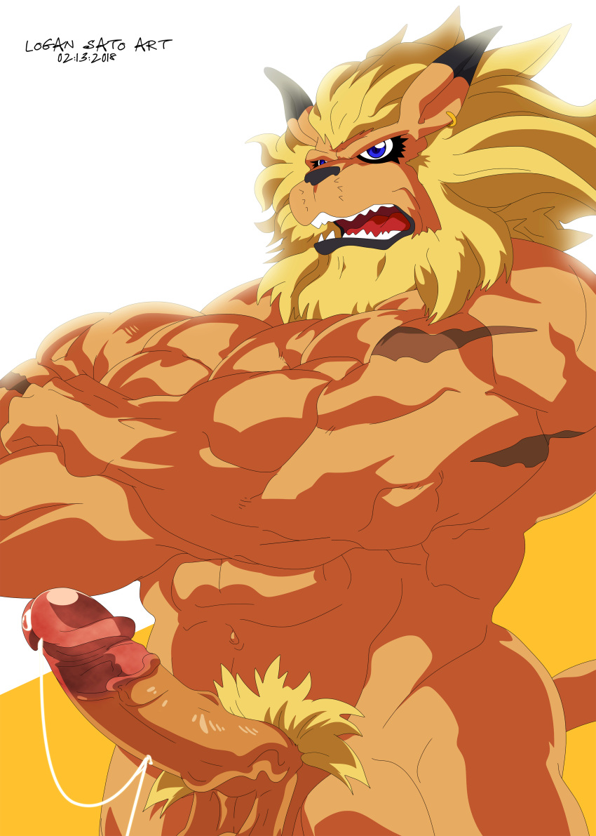 digimon dripping ear_piercing erection leomon logan_sato long_ears male male_only mane muscular nude penis piercing pointy_ears precum pubes scar solo