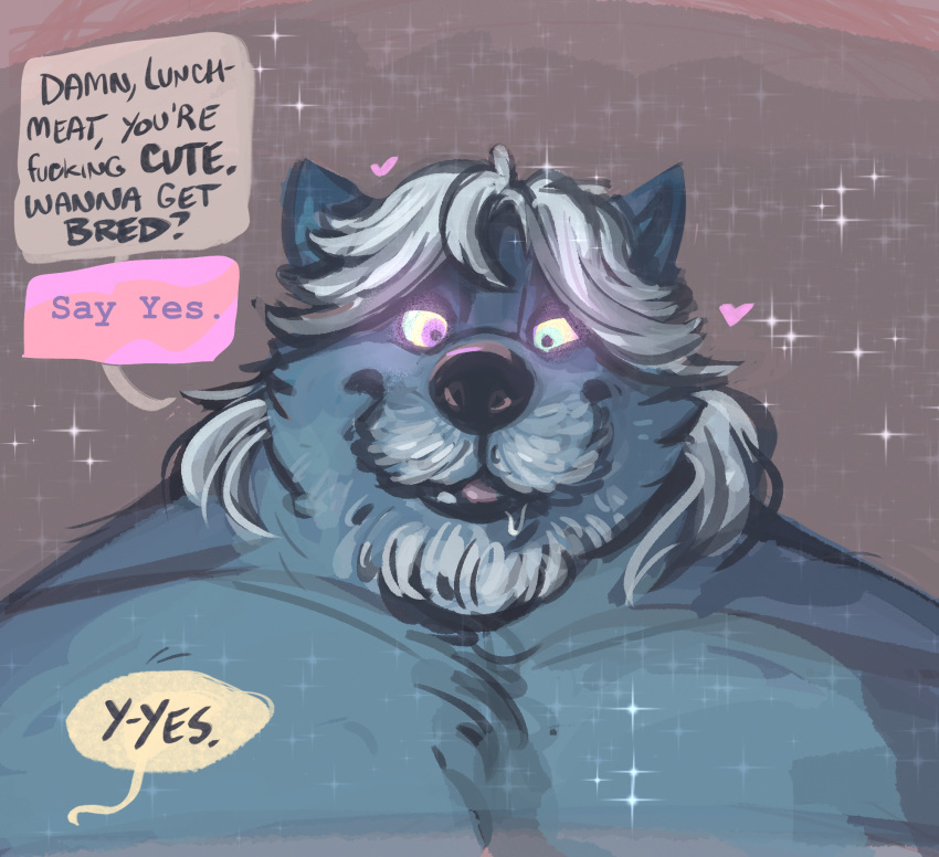 2018 anthro beard canine dialogue domination dramamine drooling english_text facial_hair hair heart hypnosis male male_domination male_only mammal mature_male mind_control moustache nude pecs saliva solo sparkle text white_hair wolf wraywolfe