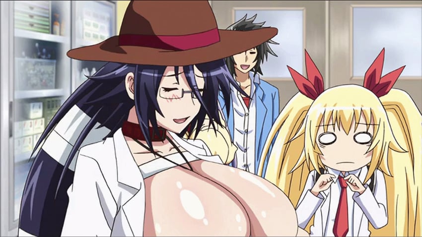 1boy 3girls animal_ears animated bandage bandages black_hair blonde_hair blue_hair blush bouncing_breasts breasts choker cleavage closed_eyes erect_nipples erect_nipples_under_clothes female gigantic_breasts glasses hat hizuki_ayana hizuki_touko hoods_entertainment huge_nipples kagaku_na_yatsura kaneko_hiraku komaba_haruki kuze_airi labcoat multiple_girls nipples no_bra open_mouth purple_hair red_eyes school_uniform surprised sweat tie