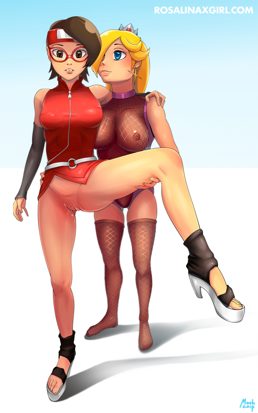 2girls areolae black_eyes black_hair blonde_hair boruto:_naruto_next_generations bottomless breasts clothes crossover curvy erect_nipples feet female female_only female_with_female fishnet fishnet_bodysuit hair_over_one_eye hand_on_another's_leg hand_on_leg high_heels juices large_breasts lingerie looking_at_another looking_at_viewer mario_(series) medium_breasts medium_hair mothclip multiple_girls naruto ninja nintendo nipples no_bra open_toe_shoes princess_rosalina pussy red-framed_glasses sarada_uchiha see-through see-through_clothing see-through_top sleeveless sleeveless_shirt spread_legs stirrup_legwear super_mario_galaxy teeth uncensored unzipped vagina vaginal_penetration wet_pussy yuri zipper