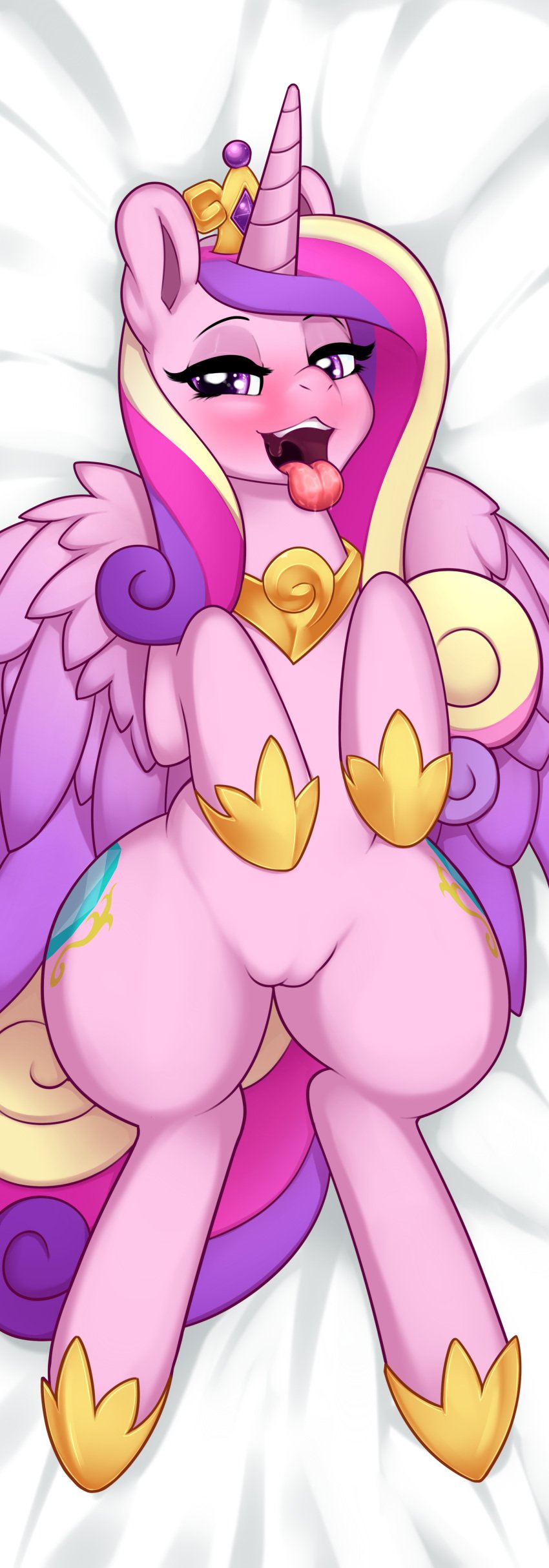 2018 absurd_res alicorn blush cutie_mark digital_media_(artwork) equine feathered_wings feathers female feral friendship_is_magic grispinne hair hi_res horn long_hair looking_at_viewer lying mammal multicolored_hair my_little_pony on_back open_mouth princess_cadance_(mlp) pussy solo tongue tongue_out wings