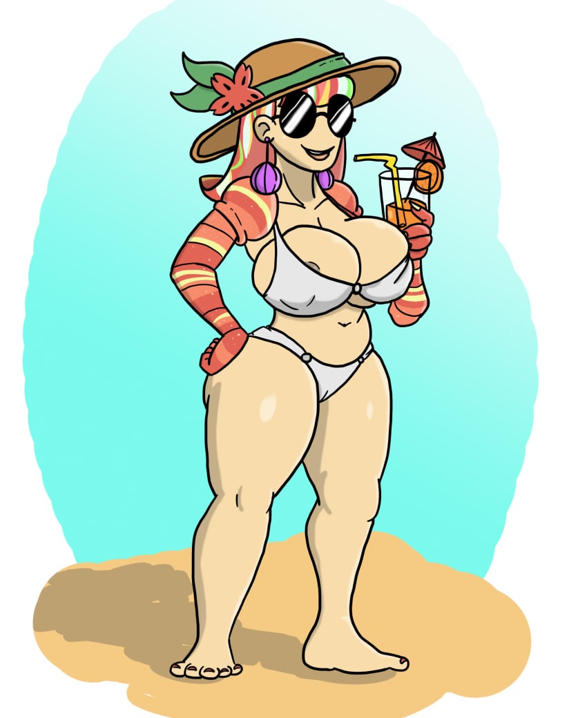 arms_(game) beach big_ass big_breasts drink earrings log_draws lola_pop milf nail_polish nintendo nipple_slip revealing_clothes simple_background smiling sun_hat sunglasses swimsuit tight_clothing white_bikini wide_hips