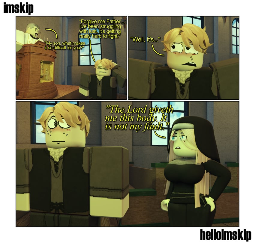 1girl2boys 1girls 2boys 2boys1girl 3d 3d_(artwork) absurd_res absurdres blonde_female blonde_hair blonde_male blue_eyes blush blushing church church_interior comic dialogue english_text glasses gray_hair hand_on_own_hip hetero highres imskip_(artist) indoors large_breasts nun nun's_habit nun_outfit original original_character questionable roblox robloxian suggestive sweat sweatdrop talking text