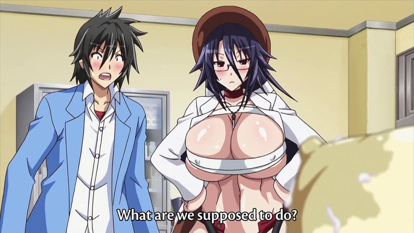 1boy 2girls animated animated_gif anime_screencap areolae bandage black_hair blue_hair blush bouncing_breasts breasts clothing erect_nipples erect_nipples_under_clothes gigantic_breasts glasses hat hizuki_ayana hizuki_touko hoods_entertainment huge_breasts kagaku_na_yatsura kaneko_hiraku komaba_haruki labcoat lactation lactation_through_clothes lactation_without_expressing large_areolae large_nipples milk multiple_girls nipples ova red_eyes school_uniform shorts subtitled sweat tight trying_not_to_lactate