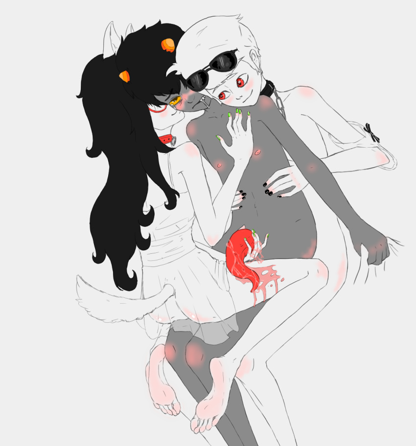 1girls 2boys black_hair blush canine choker cock-atrice dave_strider dog_ears dog_tail drooling female furry green_nails homestuck horns jade_harley karkat_vantas leash long_hair mmf_threesome ms_paint_adventures petplay red_eyes sharp_teeth short_hair straight sunglasses tentabulge tentacle tentacle_penis threesome troll white_background white_hair white_skin yellow_eyes