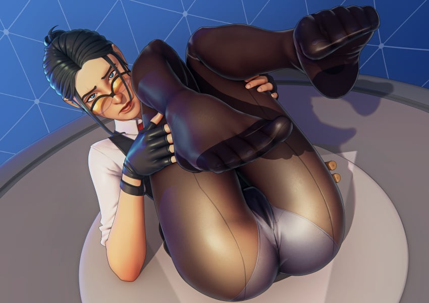 1girls 3d absurdres blue_eyes cameltoe feet female female_only fortnite glasses highres john_doe looking_at_viewer looking_over_eyewear looking_over_glasses orange-tinted_eyewear panties pantyhose pov_feet rook_(fortnite) solo sunglasses tagme tinted_eyewear