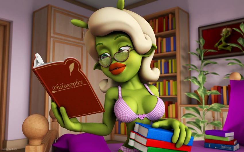 1girls 3d alien alien_girl alternate_version_available artist_name bare_shoulders barefoot beauty_mark bed big_breasts bikini bikini_top book busty curvy day detailed_background eyelashes female female_only front_view glasses green_eyes green_skin holding_object hourglass_figure humanoid indoors inside kondaspeter lipstick looking_down makeup marilyn_(planet_51) mole pillow planet_51 pose posing red_lipstick room shadow shiny shiny_skin solo swimsuit thick_lips tree voluptuous white_hair wide_hips