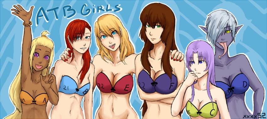 6girls bikini breasts cleavage female female_only human large_breasts long_hair medium_breasts monster_girl multiple_females multiple_girls purple_hair short_hair small_breasts strapless strapless_bikini strapless_swimsuit swimsuit upper_body xxxx52