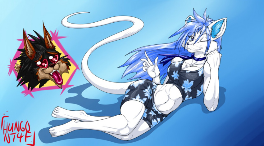 ahegao anthro bikini blue_hair female floral_print fox furry heart_eyes hungothenomster hybrid james_auvereign laying_down long_hair long_tail lupine lying_down male mouse one_eye_closed smile sophie_(hungothenomster) tongue_out vixen white_fur wink wolf