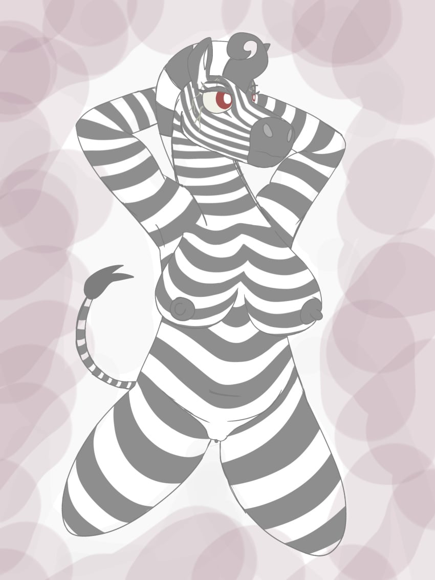 anthro breasts clitoris crocodilianbooty equine female frown fur half-closed_eyes hands_behind_head kneeling mammal nipples pussy red_eyes scar simple_background solo stripes zebra