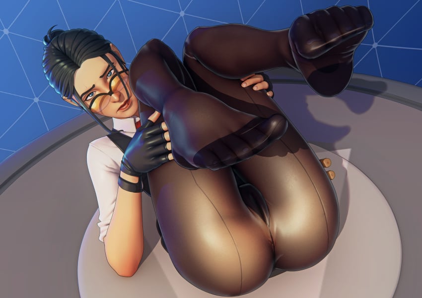 1girls 3d absurdres blue_eyes cameltoe feet female female_only fortnite glasses highres john_doe looking_at_viewer looking_over_eyewear looking_over_glasses no_panties no_panties_under_pantyhose orange-tinted_eyewear pantyhose pov_feet rook_(fortnite) solo sunglasses tagme tinted_eyewear