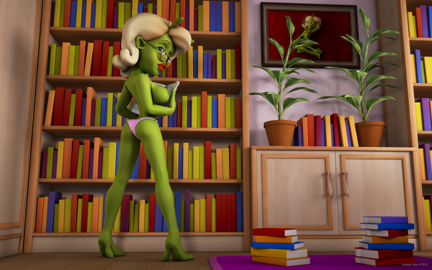 1girls 3d alien alien_girl artist_name back_view bare_shoulders barefoot beauty_mark bed big_breasts bikini bikini_bottom book busty curvy day detailed_background erect_nipple erect_nipples eyelashes female female_only glasses green_eyes green_skin half-dressed half_dressed holding_object hourglass_figure humanoid indoors inside kondaspeter lipstick looking_at_viewer looking_back makeup marilyn_(planet_51) mole no_bra pillow planet_51 pose posing red_lipstick room shadow shiny shiny_skin sideboob solo standing swimsuit thick_lips topless tree voluptuous white_hair wide_hips