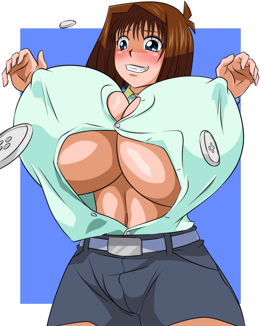 1girls abs big_breasts blue_background blue_eyes blush border breast_expansion breasts brown_hair bulge bursting_breasts cleavage clothing erect_nipples erection expansion female female_only huge_breasts hyper hyper_breasts large_breasts navel nipple_bulge nipples open_clothes sekiro_(artist) shirt shorts smile solo surprised tea_gardner teeth thick_thighs underboob wardrobe_malfunction white_background wide_hips yu-gi-oh! yuu-gi-ou_duel_monsters