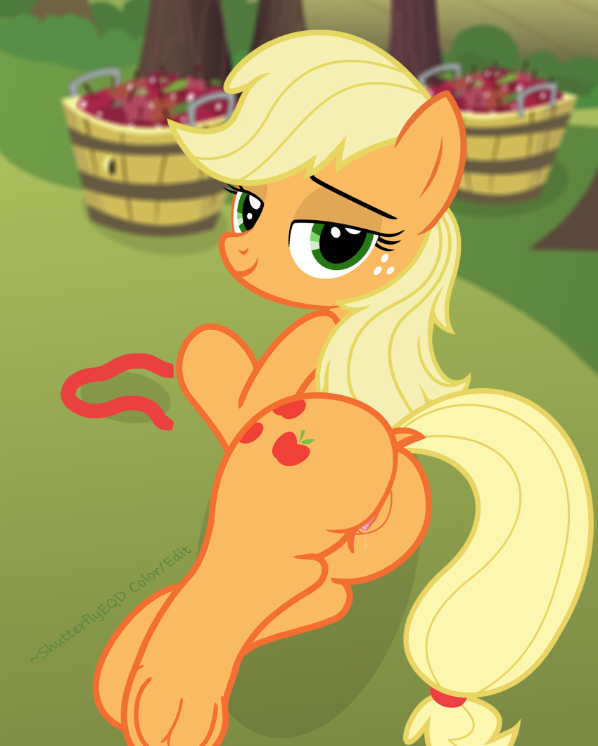 2015 anus apple applejack_(mlp) ass bedroom_eyes clitoris dock earth_pony equine female feral food friendship_is_magic fruit half-closed_eyes hi_res horse looking_at_viewer looking_back mammal my_little_pony outside pony puffy_anus pussy pussy_juice seductive shutterflyeqd smile solo