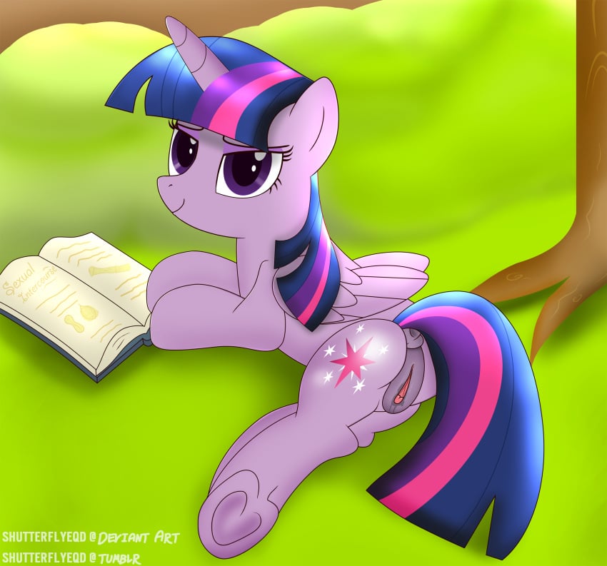 2015 alicorn anus ass book clitoral_winking clitoris cutie_mark equine feathered_wings feathers female feral friendship_is_magic fur grass hair horn mammal multicolored_hair my_little_pony outside purple_eyes purple_fur purple_hair pussy shutterflyeqd smile solo tree twilight_sparkle_(mlp) two_tone_hair wings