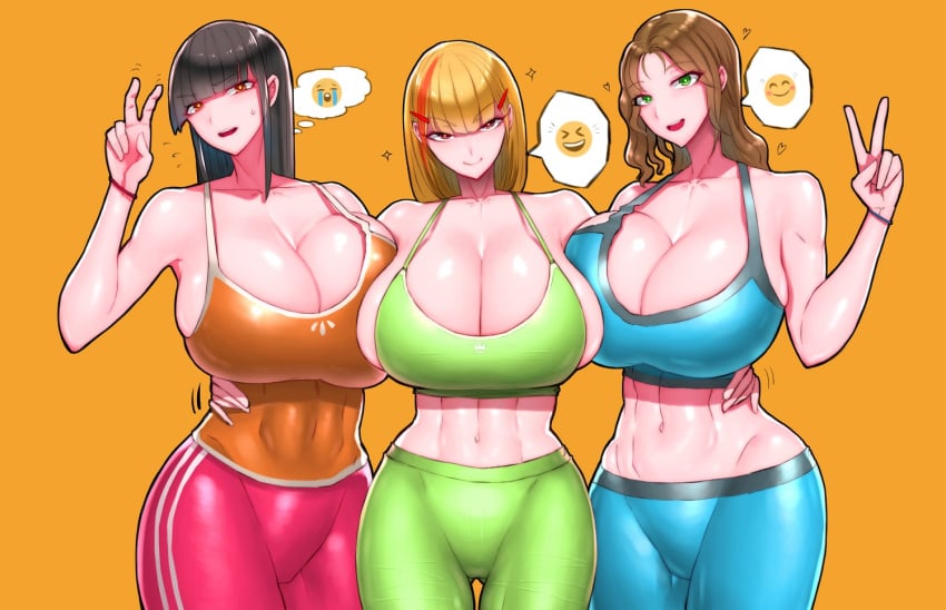 2020 3girls belly belly_button big_breasts blonde_hair brown_hair dark_hair huge_breasts orange_background sports_bra sports_uniform sweat sweatdrop tight_clothes tight_clothing tight_fit tight_pants wolffeld_price workout workout_clothes yoga_pants