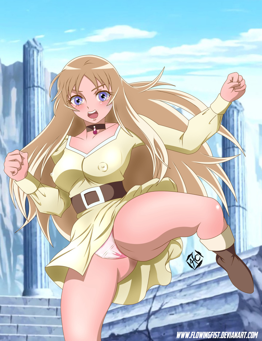 1girls aquila_yuna blonde_hair blue_eyes breasts bronze_saints cameltoe erect_nipples female female_only flowingfist human long_hair pale-skinned_female pale_skin panties saint_seiya saint_seiya_omega sanctuary skirt_up solo thick_thighs white_panties wide_hips