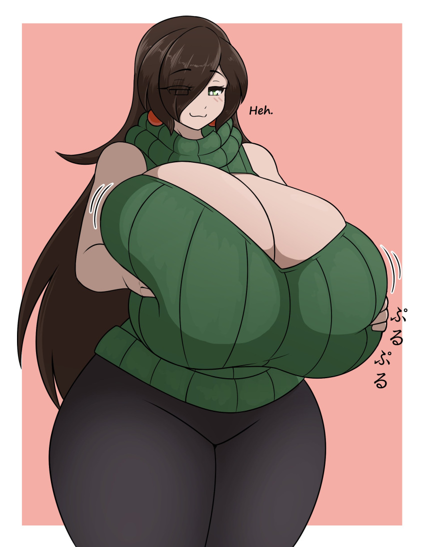 :3 bouncing_breasts brown_hair cleavage english_text gigantic_breasts green_sweater hyper_breasts japanese_text original original_character smug solo takano_(artist) teasing vannie_(takano)