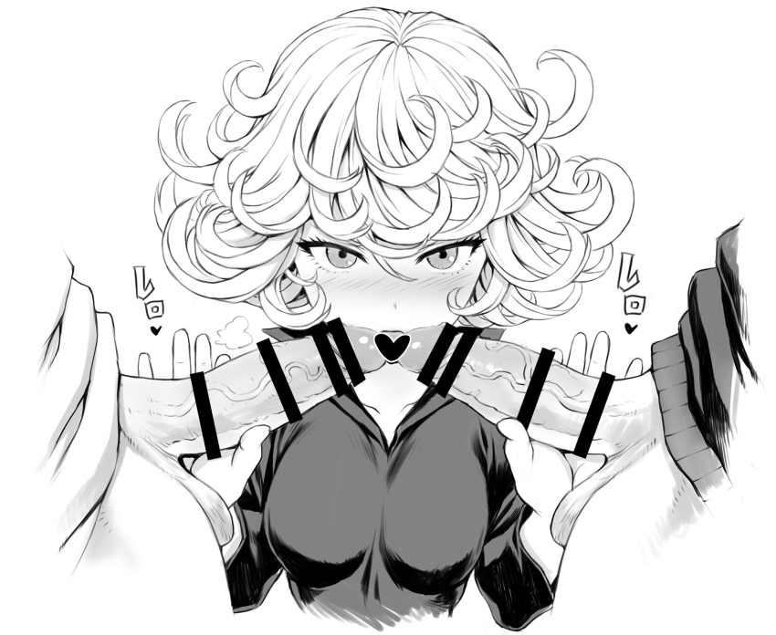 2boys bang_(one-punch_man) black_dress blush bomb_(one-punch_man) breasts censored curly_hair dress fellatio female handjob licking looking_at_viewer medium_breasts mogudan monochrome multiple_boys one-punch_man oral penis short_hair simple_background straight sweat tatsumaki