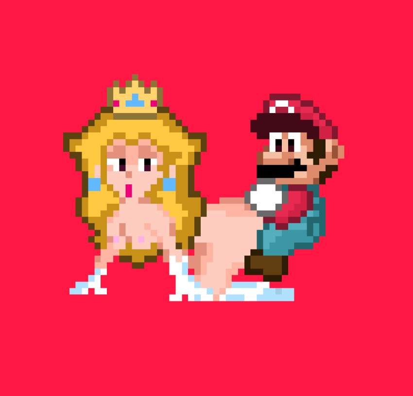 1boy 1girl 1girls all_fours ass_grab baseball_cap blonde_hair breasts completely_nude_female crown doggy_style doggystyle female full_body long_hair male mario mario_(series) muymal nintendo nude_female overalls pixel_art princess_peach red_background sex_slave simple_background straight super_mario_world white_gloves