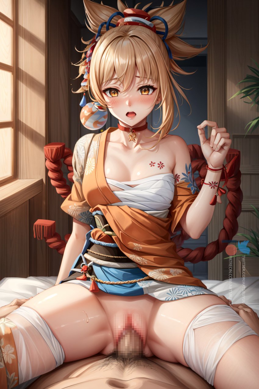 1boy 1girls ahe_gao ai_generated artsbuyu bangs blonde_hair blush censored collar cowgirl_position dress embarrassed genshin_impact hair_between_eyes hair_ornament hi_res japanese_clothes looking_at_viewer medium_breasts medium_hair open_mouth penis pussy riding riding_penis sex shimenawa sidelocks stable_diffusion straight vaginal_penetration yoimiya_(genshin_impact)