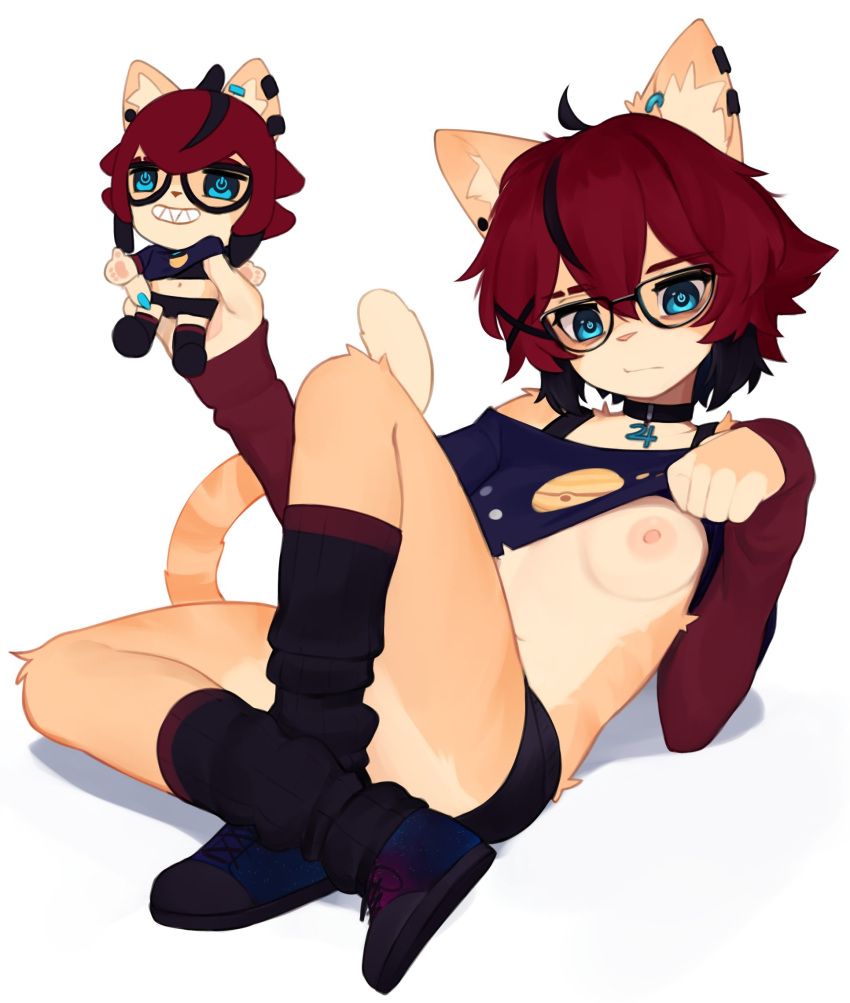 1girls aeiou_(yoako) black_hair blue_eyes collar earrings fur furry glasses looking_at_viewer partially_clothed plushie presenting red_hair shirt_lift short_hair sitting small_breasts solo tail yoako