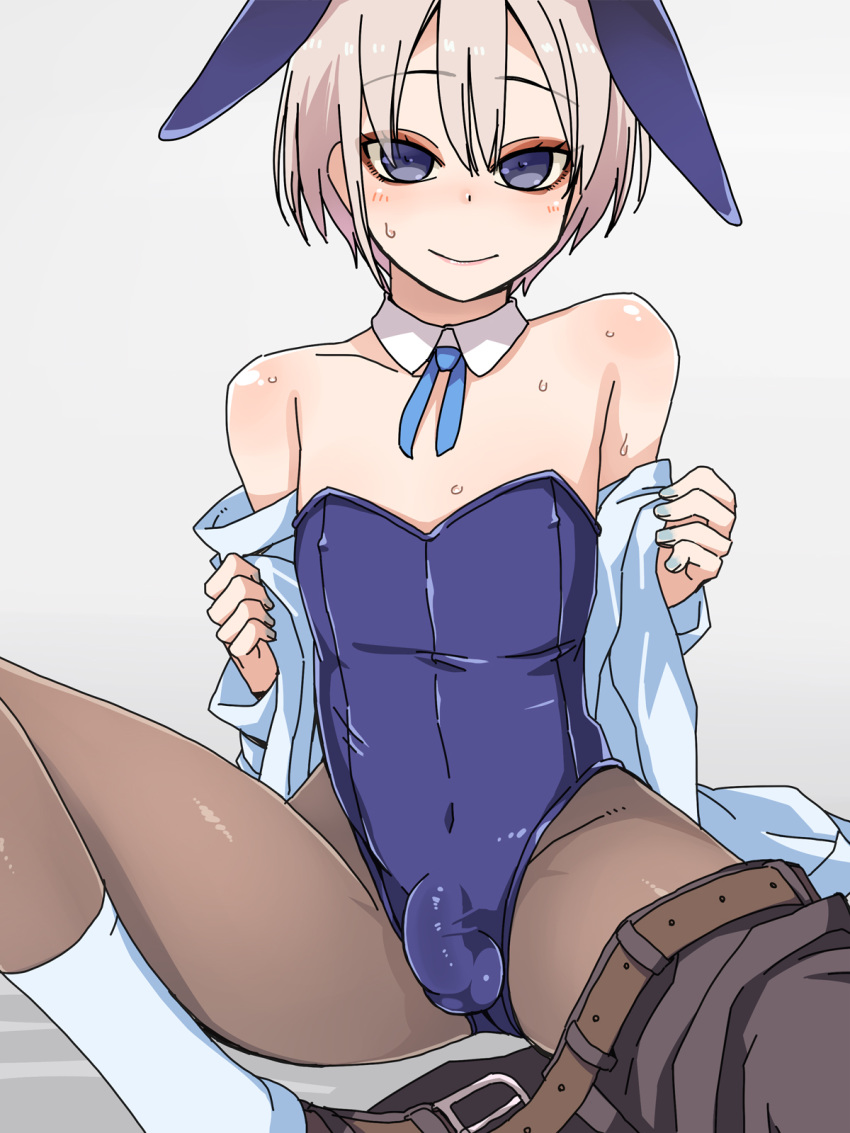 1boy androgynous balls_in_bunnysuit bowtie bulge bunny_boy bunny_ears detached_collar femboy girly kinta_(pixiv13253890) looking_at_viewer male male_only pantyhose penis penis_in_bunnysuit penis_under_clothes sweat trap