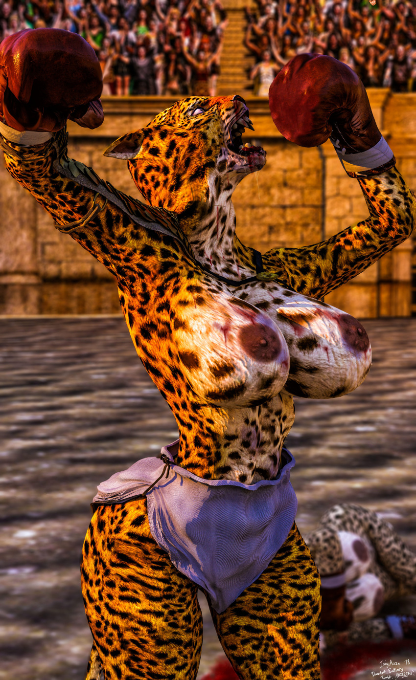 3d anthro background_death battle boxing boxing_gloves colosseum daz3d death feline female_death fight gladiator gladiatrix isisazza leopard mammal roman snow_leopard sport