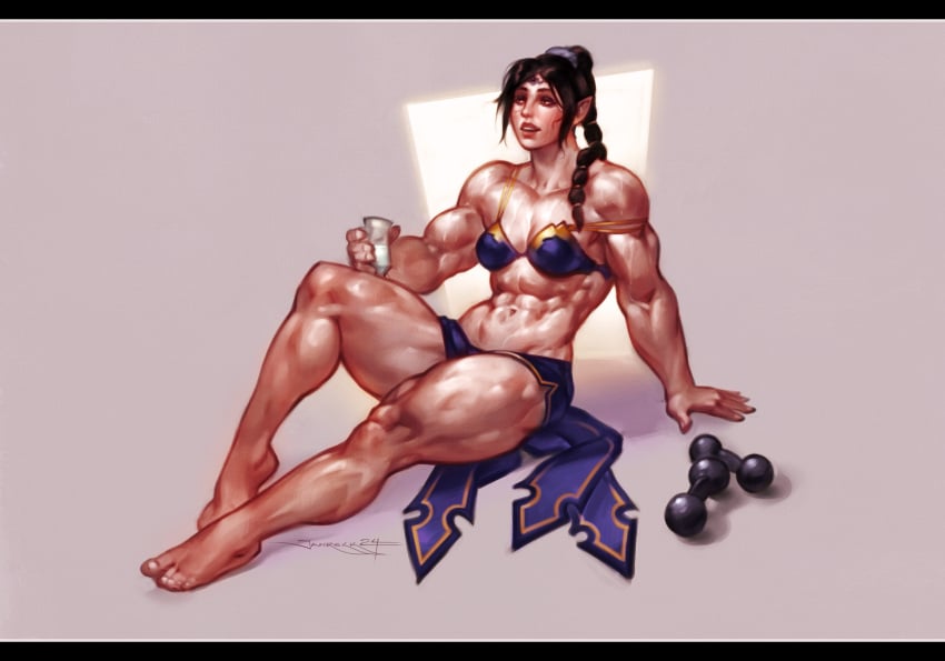 1girls baldur's_gate baldur's_gate_3 black_hair dungeons_and_dragons female_only hi_res janrock muscular muscular_female navel on_floor pointy_ears shadowheart signature simple_background sitting solo sweat