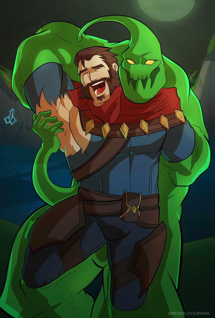 bara jungle league_of_legends malcolm_graves male_tickling restrained revealyoursins slime_monster tickle_fetish tickling tickling_armpits torn_shirt zac