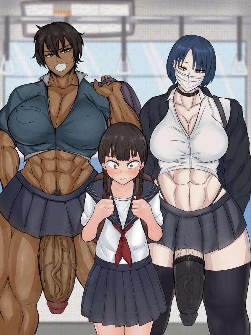 1girls 2futas abs cleavage clothing cock_sock dark-skinned_futanari fully_clothed futanari happy_trail huge_breasts human imminent_sex light-skinned_female light-skinned_futanari mask mostly_clothed muscular muscular_futanari muscular_thighs nervous pubic_hair revealing_clothes skimpy soutoku standing thick_thighs thighhighs