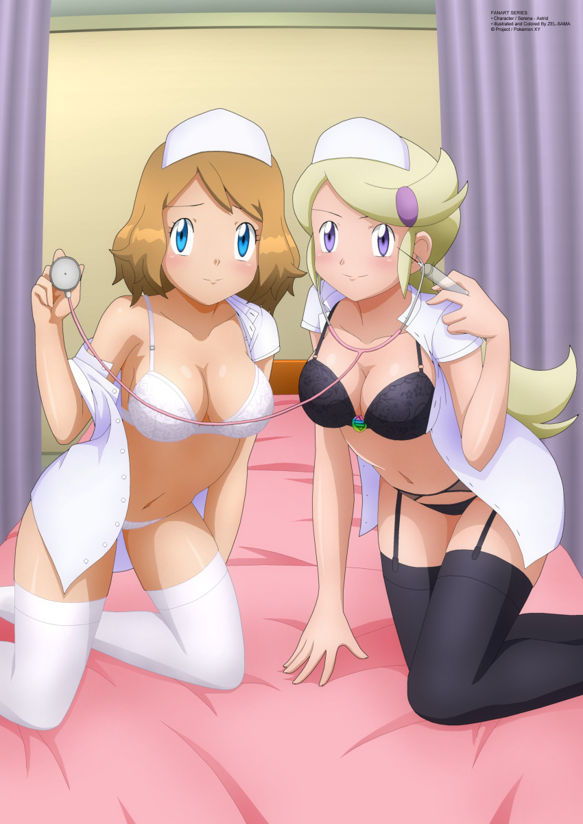 2girls ace_trainer_(pokemon) ace_trainer_(pokemon_xy) astrid_(pokemon) bed bent_over black_bra black_legwear black_panties black_thighhighs blonde_hair blue_eyes blush bra breasts cleavage eyelashes female_only headdress hospital hospital_bed human human_only kneeling lingerie looking_at_viewer multiple_girls needle nintendo npc_trainer nurse nurse_cap nurse_uniform on_bed pokemon pokemon_(anime) pokemon_xy purple_eyes serena_(pokemon) text thighhighs watermark white_bra white_legwear white_lingerie white_panties white_thighhighs zel-sama