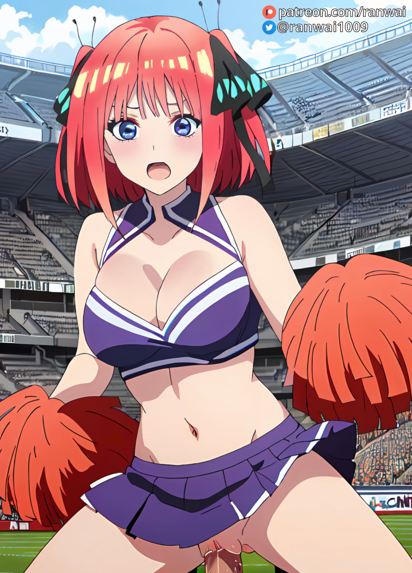 ai_generated anime blue_eyes cheerleader cheerleader_outfit cowgirl_position go-toubun_no_hanayome large_breasts nakano_nino pink_hair quintuplets ranwai sex stable_diffusion vaginal_penetration vaginal_sex