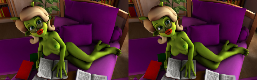 1girls 3d alien alien_girl artist_name bare_shoulders barefoot beauty_mark bed big_breasts book busty curvy day detailed_background erect_nipple erect_nipples eyelashes female female_only front_view glasses green_eyes green_skin holding_object hourglass_figure humanoid indoors inside kondaspeter lipstick looking_at_viewer lying makeup marilyn_(planet_51) mole naked nude pillow planet_51 pose posing red_lipstick room shadow shiny shiny_skin solo stereogram text thick_lips tree voluptuous white_hair wide_hips