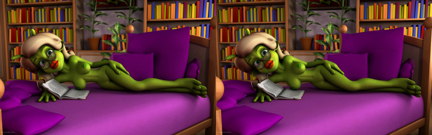 1girls 3d alien alien_girl artist_name bare_shoulders barefoot beauty_mark bed big_breasts book busty curvy day detailed_background erect_nipple erect_nipples eyelashes female female_only front_view glasses green_eyes green_skin holding_object hourglass_figure humanoid indoors inside kondaspeter lipstick looking_at_viewer lying makeup marilyn_(planet_51) mole naked nude pillow planet_51 pose posing red_lipstick room shadow shiny shiny_skin solo stereogram text thick_lips tree voluptuous white_hair wide_hips