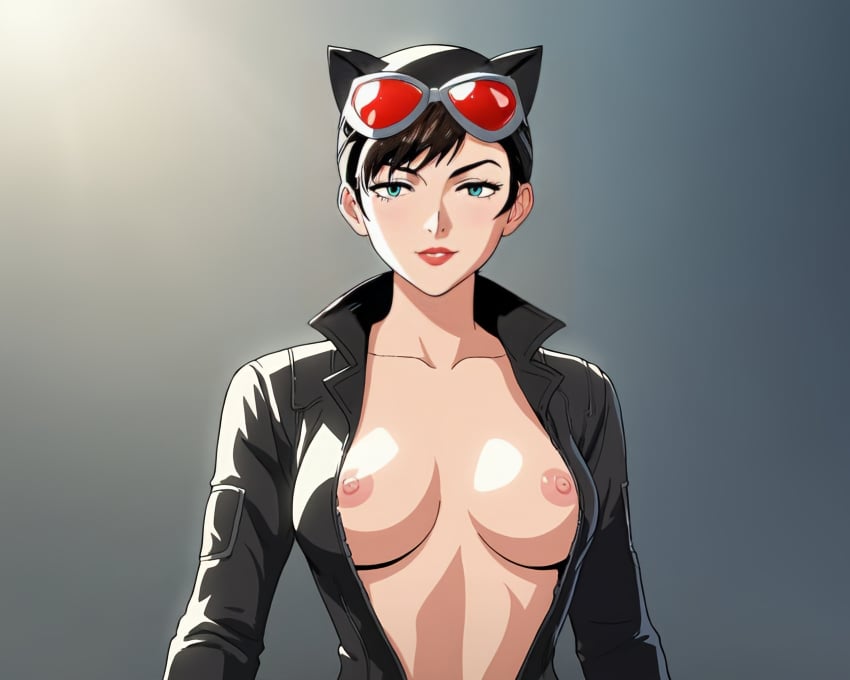 1girls ai_generated animal_ears artist_request autismmix_pony(model) batman_(series) black_hair black_hair_female bodysuit bodysuit_open boob_window breasts cat_ears catwoman dc dc_comics exposed_breasts exposed_nipples female female female_focus female_only goggles goggles_on_head green_eyes grey_background leather lipstick looking_at_viewer makeup nipples no_bra open_shirt selina_kyle short_hair simple_background smile solo solo_female stable_diffusion standing upper_body