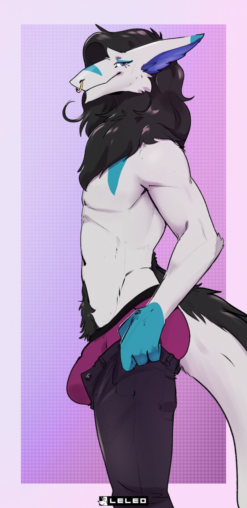 absurd_res bottomwear bulge clothed clothing facial_piercing furry hair hi_res king_chulapa leleo looking_at_viewer male neck_tuft non-human non-human_only nose_piercing nose_ring pants partially_clothed piercing ring_piercing sergal side_view skinny smile solo tail tuft underwear