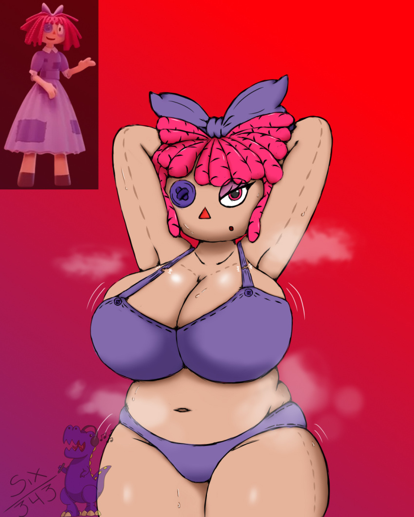 big_breasts bra chubby chubby_female doll_girl plump ragatha ragatha_(the_amazing_digital_circus) simple_background six343 steam sweat sweaty_body the_amazing_digital_circus youtube