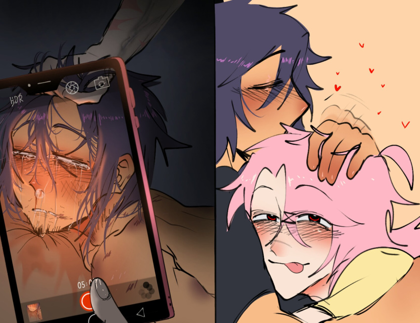 beard blush camera choking crying_with_eyes_open drooling hickey hugging humor kissing love meme mind_break nosebleed oc original_character phone phone_screen pink_eyes purple_hair recording red_eyes rokokdude rokokdude_(artist) rough_sex sometimes_like_this_also_like_that sweat sweatdrop tan_body tears tired_eyes white_body