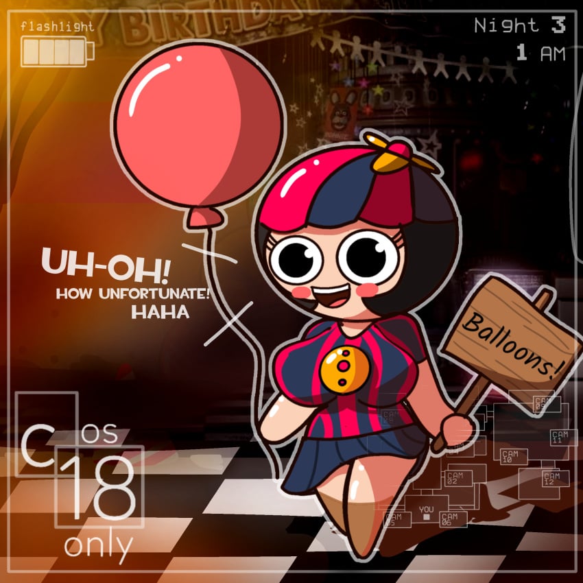 balloon_babe_(fnia) balloon_boy_(fnaf) balloons big_breasts clothed clothed_female clothing clouds cos-18only female five_nights_at_freddy's five_nights_at_freddy's_2 five_nights_at_freddy's_3 mey_(cosonly) oc original_character pixel_art rule_63 standing thighs