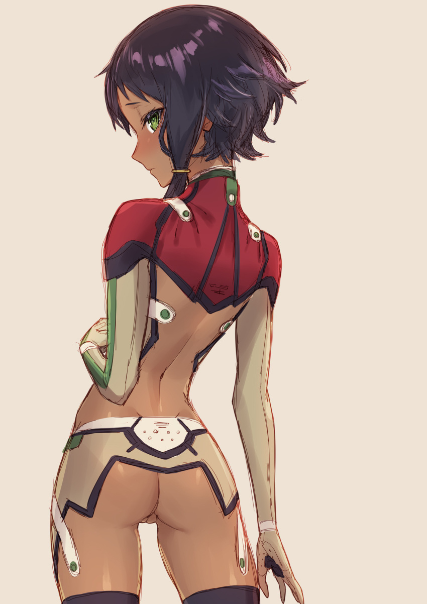 alice_gear_aegis ass back black_hair braid breasts dark-skinned_female dark_skin female from_behind green_eyes highres looking_at_viewer looking_back revealing_clothes shanti_rana short_hair side_braid sigm@ skin_tight small_breasts solo