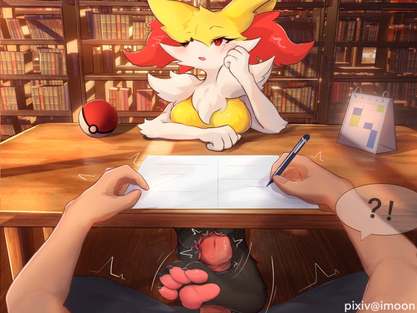 ?! alternate_version_at_source anthro black_body black_fur blush braixen breasts canid canine claws clothing digital_media_(artwork) digitigrade duo erection exclamation_point featureless_breasts feet female foot_fetish foot_play footjob fur generation_6_pokemon genitals glansjob hi_res hindpaw human human_on_anthro humanoid_genitalia humanoid_penis inner_ear_fluff interspecies library light-skinned_male light_skin male male/female male_on_anthro mammal medium_breasts motion_lines multicolored_body multicolored_fur neck_tuft nintendo nude outside_sex pawpads paws penis pokeball pokemon pokemon_(species) pokephilia question_mark red_body red_eyes red_fur sex soles standard_pokeball stealth_sex toe_claws toes tuft under_table_footjob white_body white_fur yellow_body yellow_fur yimoon640