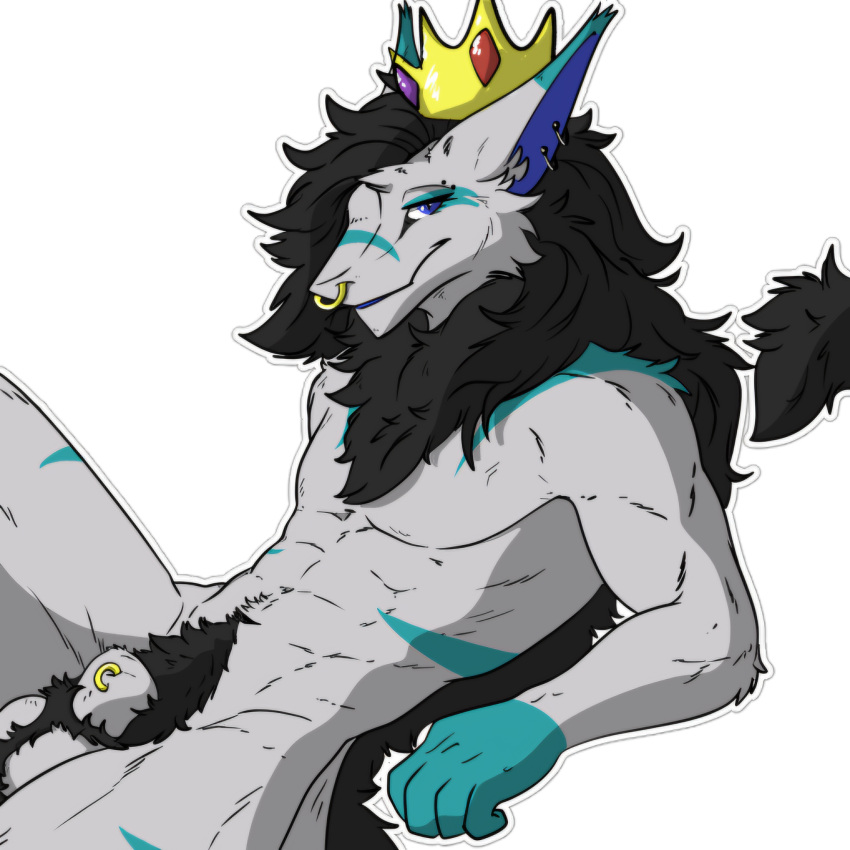 animal_genitalia back_tuft balls bent_leg crown ear_piercing facial_piercing franklyfurry fully_sheathed furgonomics furry-specific_piercing genital_piercing genitals hair headgear hi_res king_chulapa looking_at_viewer male muscular neck_tuft nose_piercing nose_ring piercing pubes reclining ring_piercing sergal sheath sheath_piercing smile solo tuft