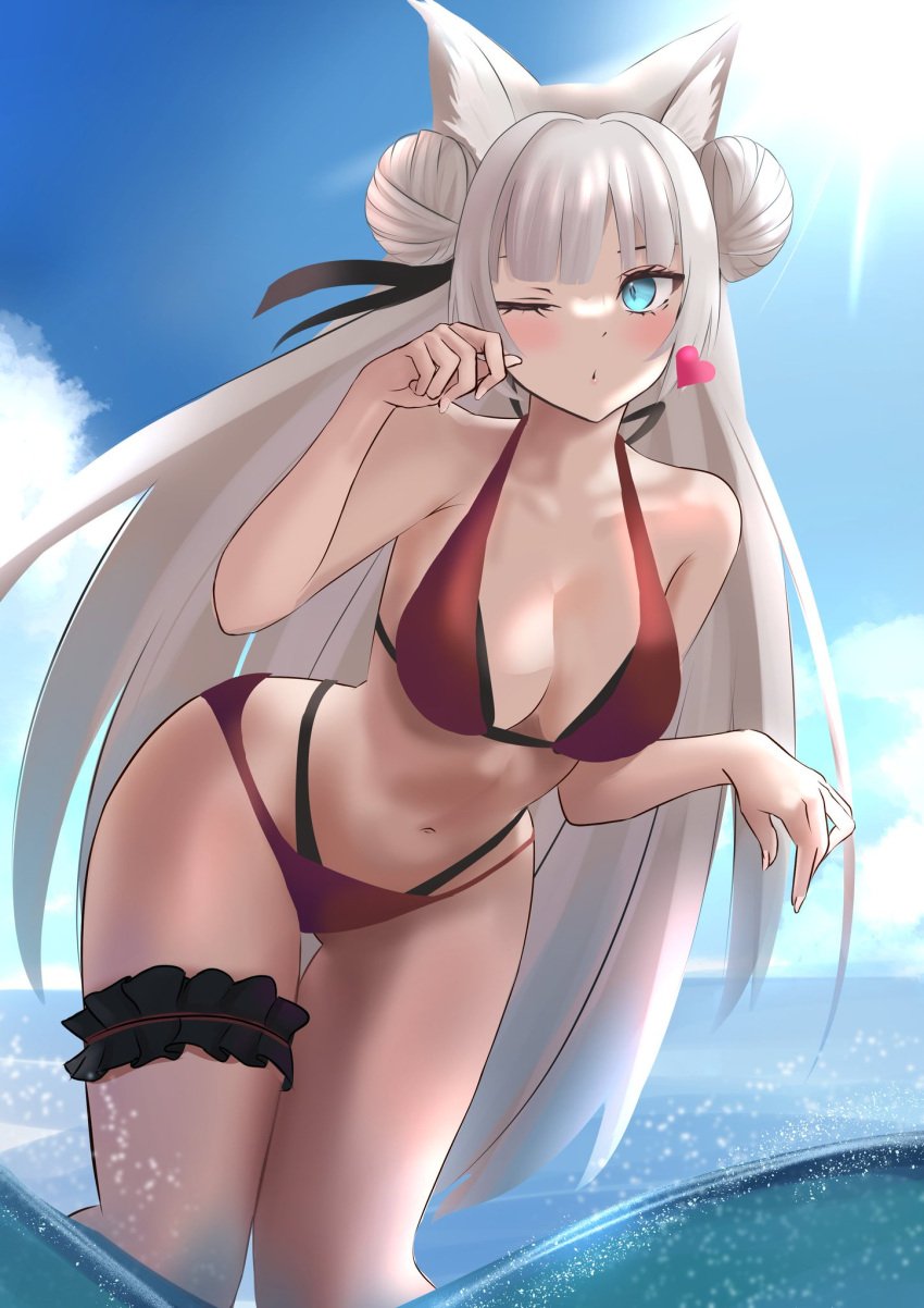 1girls animal_ears bikini blue_eyes blush cleavage clouds day estebaneishon1 female female_focus female_only front_view heart highres indie_virtual_youtuber light-skinned_female light_skin long_hair looking_at_viewer natsuri_nekoto ocean one_eye_closed red_bikini sky solo solo_female standing standing_in_water summer sun sunlight swimsuit thong_bikini virtual_youtuber vtuber vtuberfanart water white_hair white_nails